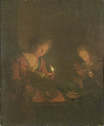 Oheň a světlo (Dívka umístí svíčku do lucerny a chlapec fouká na uhlíky do misky na tření) od Godfried Schalcken (attributed to)