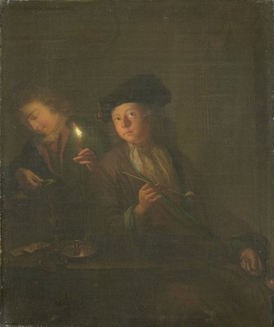 Kuřák (Muž s dýmkou a muž nalévající nápoj do sklenice) od Godfried Schalcken (attributed to)
