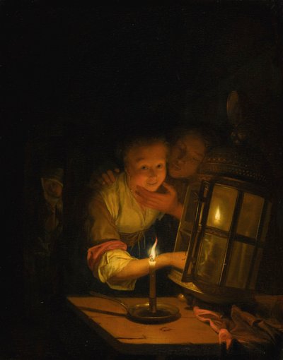 Milenecký pár přistižený při zapalování lucerny od Godfried Schalcken