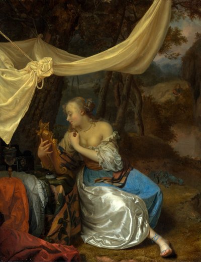 Dáma se zrcadlem pod baldachýnem v lesnaté krajině od Godfried Schalcken