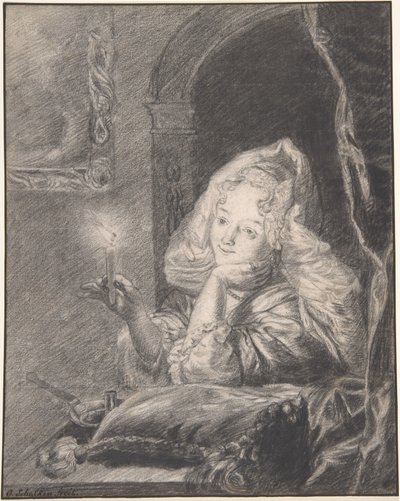 Mladá žena sedící u stolu a držící svíčku od Godfried Schalcken