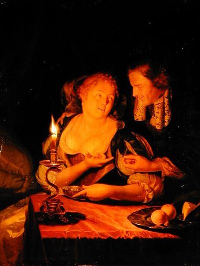 Gentleman nabízející dámě prsten (olej na panelu) od Godfried Schalcken