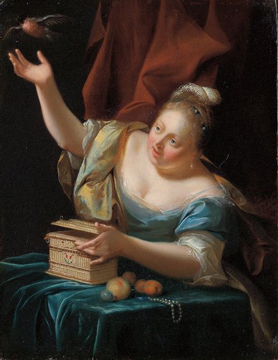 Žena sedící u stolu v přepychovém kostýmu, vysvobozující zpěvného ptáka z klece od Godfried Schalcken