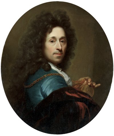 Portrét umělce v modrém kabátě a hnědé sametové plášti s medailonem kurfiřta Palatina Johanna Wilhelma od Godfried Schalcken