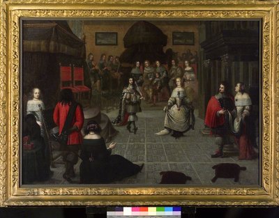 Anglický král Karel II. (1630-1685) tančí v Haagu (Nizozemsko), květen 1660, pravděpodobně se svou neteří Alžbětou van de Paltz (1616-1680), při slavnostním ceremoniálu obnovení jeho titulu anglického krále. od Gonzales Coques