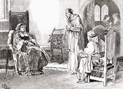 Scéna ze hry Williama Shakespeara Král Jindřich VIII., III. dějství, 1. scéna, Královna Kateřina: Z díla Williama Shaese: Dělejte, co chcete, pánové, a odpusťte mi, jestli jsem se chovala nevhodně. od Gordon Frederick Browne