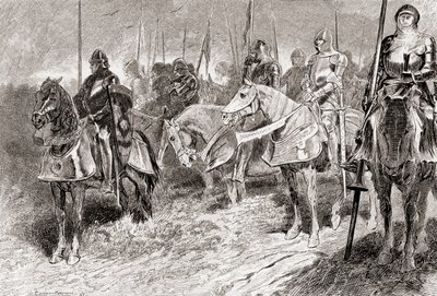 Scéna ze hry Williama Shakespeara Král Jindřich V., 4. dějství, 2. scéna, Lord Grandpré: Jezdci sedí jako pevné svícny s pochodněmi v rukou, z díla Williama Shakespeara, pu od Gordon Frederick Browne