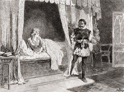 Scéna ze hry Williama Shakespeara Othello, V. dějství, 2. scéna, Desdemona: Mluvíš o zabíjení? Othello: Z díla Williama Shakespeara, vydaného v roce 1896. od Gordon Frederick Browne