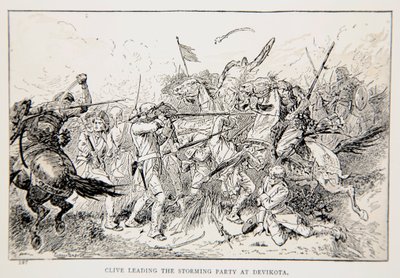Clive v čele bouřlivé party v Devikotě, ilustrace z „S Clivem v Indii aneb počátky říše“ od G.A. Henty, hospoda. Londýn, 1884 od Gordon Frederick Browne