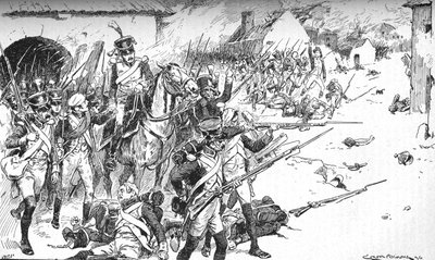 Sloup za sloupem si prorazil cestu do vesnice, jen aby byl vržen zpět, 1896, 1902 od Gordon Frederick Browne