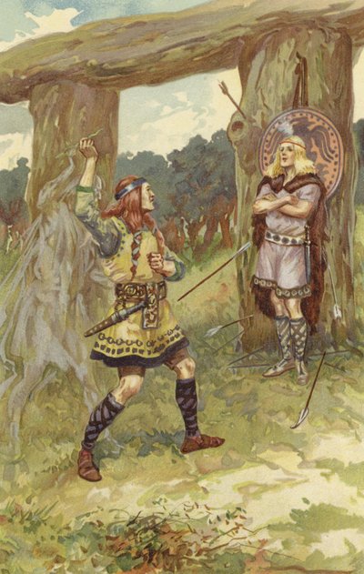 Hodur vzal Lokimu jmelí a Loki vedl jeho paži, mrštil ji na Baldura a Baldur s ostrým výkřikem padl mrtvý (chromolitho) od Gordon Frederick Browne