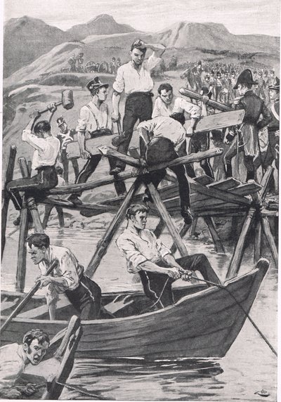 Stavba mostu přes Guadianu, 3. dubna 1811, ilustrace z 