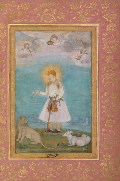 Akbar se lvem a teletem, kolem roku 1630 od Govardhan