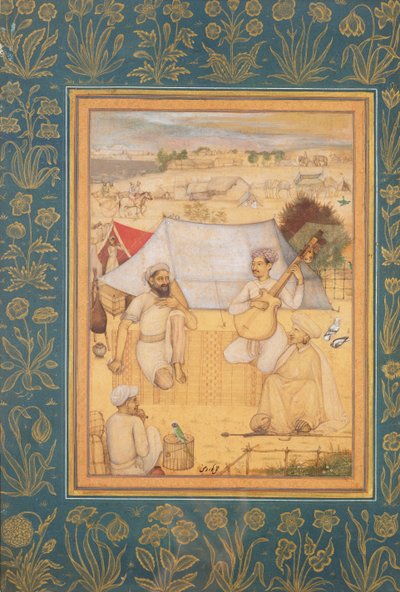 Hudebníci a zpěváci klečí na okraji Mughalského tábora. Jogín a sluha Poslouchejte je z alba Minto, kolem roku 1630 od Govardhan