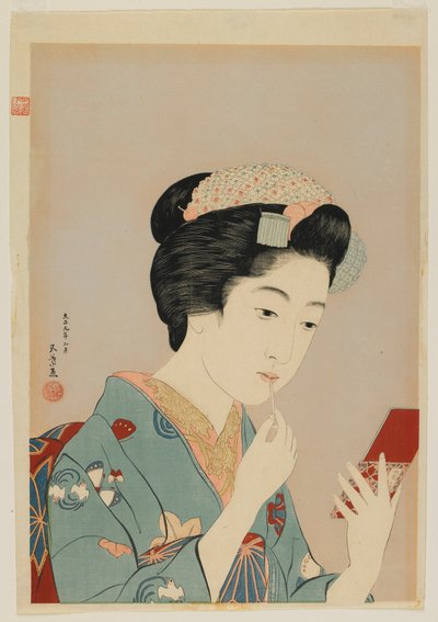 Žena aplikující Lip Rouge, éra Taisho, únor 1920 (barevný dřevořez) od Goyo Hashiguchi