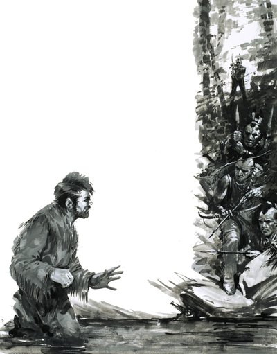 Alexandr Mackenzie je ohrožován indiány, když se brodí řekou. od Graham Coton