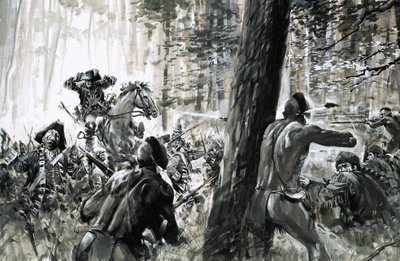 V roce 1765 byl generál Edward Braddock přepaden francouzskými vojáky a divokými kanadskými indiány. od Graham Coton