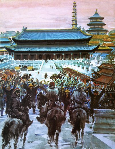 Marco Polo se svým otcem a strýcem přichází k paláci Velkého chána, 20. století (litografie) od Graham Coton