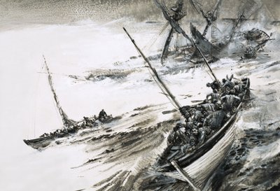 Neidentifikovaný vrak lodi se záchrannými čluny prchajícími do rozbouřeného moře od Graham Coton