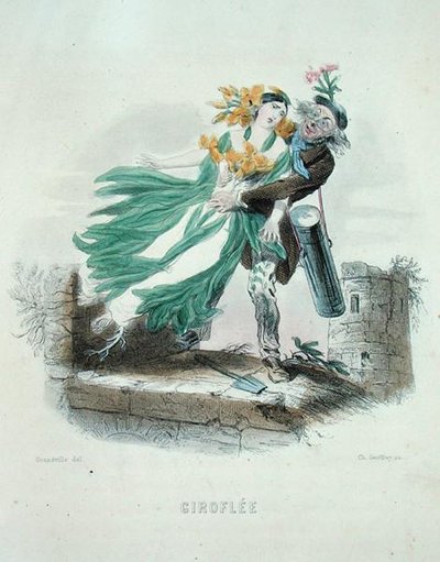 Bylinkářka kradoucí květinu, z knihy "Les Fleurs Animees", rytina Charles Geoffroy (1819-82) od Grandville