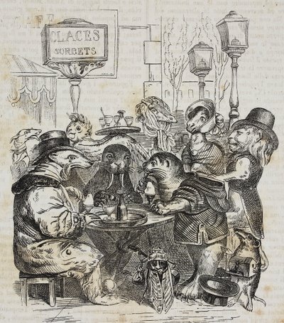 Šelmy sedící v obchodě se zmrzlinou, litografie Giovanni Mariani podle karikatury Jean-Jacques Grandville (1803-1847) z Poliorama Pittoresco, č. 24, 21. ledna od Grandville