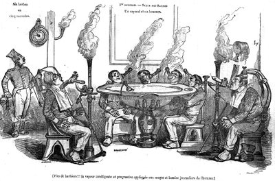 Karikatura Grandville zobrazující desátníka a jeho muže v Salle des Barbes, jak sedí s parním strojem, který je holí bez pomoci holiče. V "" Malebném obchodě "" 1835 od Grandville