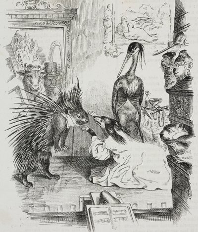 Pes a dikobraz, karikatura Jean-Jacques Grandville (1803-1847), litografie Giovanni Mariani z Poliorama Pittoresco, n 38, 30. od Grandville