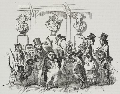 Odchod z divadla, karikatura Jean-Jacques Grandville (1803-1847), litografie Giovanni Mariani z Poliorama Pittoresco, č. 39, 7. května od Grandville