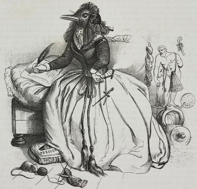 Gramotná žena, karikatura Jean-Jacques Grandville (1803-1847), litografie Giovanni Mariani z Poliorama Pittoresco, č. 18, 11. prosince od Grandville
