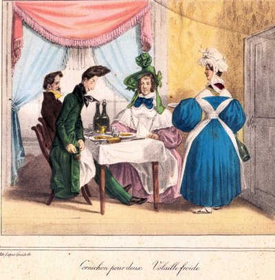 Živá karta restaurace: Okurka pro dva, studené kuře 1831-32 (litografie) od Grandville