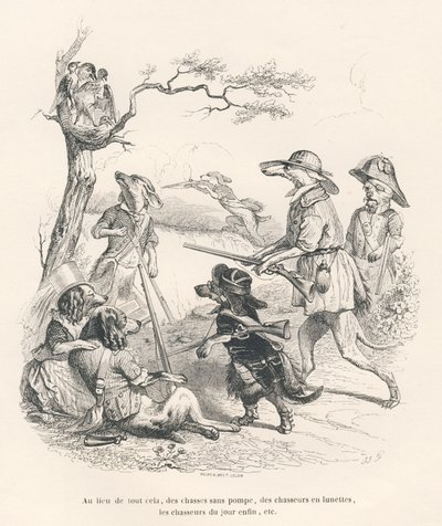 Zvířata v lovcích. Viněty ilustroval JJ Granville. Rytina od Andrewa, Besta a Leloira v sekci s názvem „Vzpomínky staré vrány“, kterou napsal PJ Stahl ve „Scénách ze soukromého a veřejného života zvířat“. Paris, J. Hetzel a Pa od Grandville