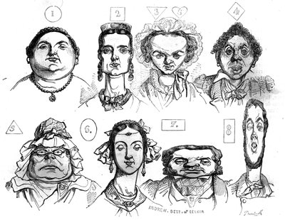 Karikatury ilustrující různé formy obličeje, výrazy, spojující je s výraznými morálními charakteristikami od Jeana Ignace Isidora Gerarda Grandvillea (1803 -1847). V "" Malebném obchodě "" 1835 od Grandville