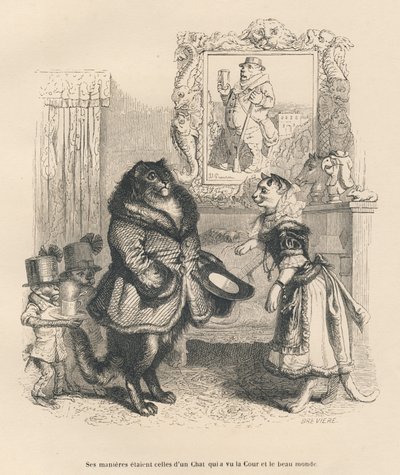 Dvorní kočka s pozdravem mladé kočky. Miniatury ilustroval JJ Granville. Rytina podepsána Brevierem v části nazvané „Dvorní bolesti anglické kočky“, kterou napsal Honore de Balzac ve „Scénách ze soukromého a veřejného života zvířat“. Paříž, J od Grandville