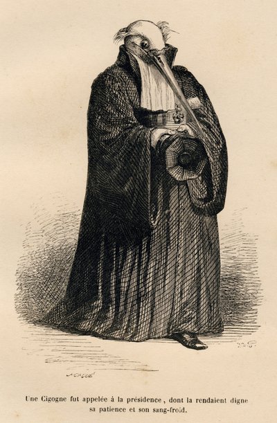 Čáp u soudce. Miniatury ilustroval JJ Granville. Rytina signovaná Caque v části nazvané "Criminal Court of Animal Justice", kterou napsal Emile de La Bedolliere ve "Scénách ze soukromého a veřejného života zvířat". Paris, J. Hetzel a Paulin od Grandville