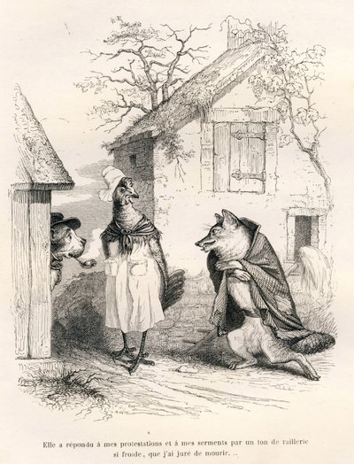 Rozhovor mezi psem, slepicí a liškou. Viněty ilustroval JJ Granville. Rytina podepsaná Godardem v části nazvané "Un renard pris au piege", kterou napsal Charles Nodier ve "Scenes de la vie privee et publique des animaux". Paris, J. H od Grandville
