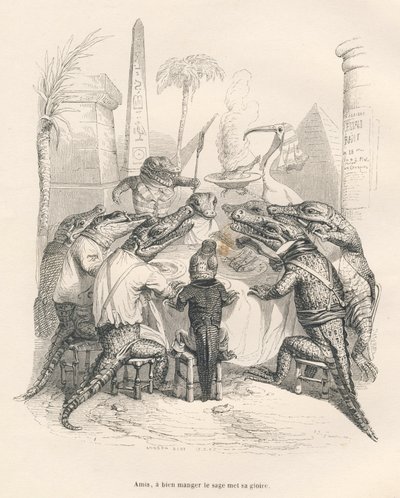 Krokodýli kolem stolu v Egyptě. Miniatury ilustroval JJ Granville. Rytina podepsaná Andrewem, Bestem a Leloirem v části nazvané „Vzpomínky na krokodýla“, kterou napsal Emile de La Bedolliere ve „Scénách ze soukromého a veřejného života zvířat“. od Grandville