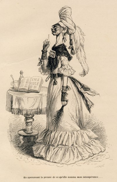 Vidět důkaz toho, čemu říkala moje nestřídmost. Miniatury ilustroval JJ Granville. Rytina signovaná Caque v části nazvané „Dvorní bolesti anglické kočky“, kterou napsal Honore de Balzac ve „Scénách ze soukromého a veřejného života od Grandville