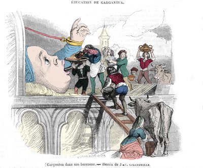 Gargantuova postava z románů Francoise Rabelaise (1483-1553), francouzského spisovatele: „Vzdělávání Gargantua“““ Gargantua ve své kolébce. Ilustrace Gerard Grandville (1803-1847) 19. století od Grandville