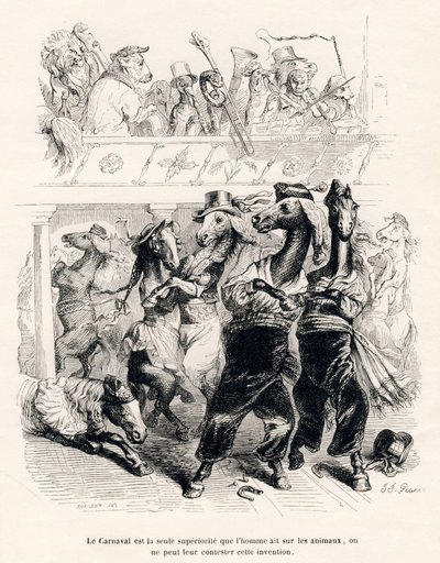 Koňský karneval. Miniatury ilustroval JJ Granville. Rytina signovaná Tamisier v části nazvané „Cesta afrického lva do Paříže“, kterou napsal Honore de Balzac ve „Scénách ze soukromého a veřejného života zvířat“. Paris, J. Hetzel a Paul od Grandville