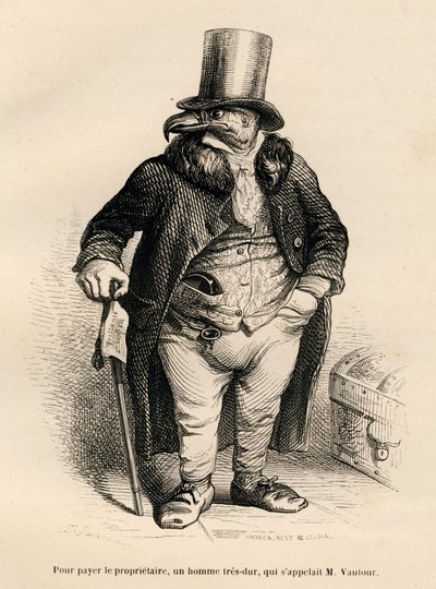 Sup jako vlastník nemovitosti. Miniatury ilustroval JJ Granville. Rytina podepsaná Andrewem, Bestem a Leloirem v části "Historie zajíce", kterou napsal PJ Stahl ve "Scénách ze soukromého a veřejného života zvířat". Paris, J. Hetzel a Paulin od Grandville