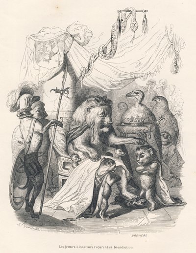 Mladá lvíčata dostávají požehnání lvího krále. Viněty ilustroval JJ Granville. Rytina podepsána Brevierem v části nazvané „Cesta afrického lva v Paříži“, kterou napsal Honore de Balzac ve „Scenes de la vie privee et publique des od Grandville