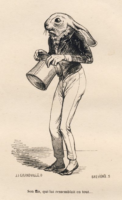 Zbabělý Lievre v dandy kostýmu. Viněty ilustroval JJ Granville. Rytina signovaná Breviere v části "Historie zajíce" od PJ Stahla ve "Scénách ze soukromého a veřejného života zvířat". Paris, J. Hetzel a Paulin od Grandville