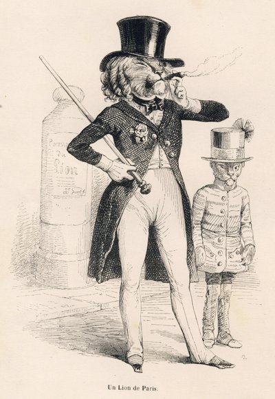 Lev z Paříže. Viněty ilustroval JJ Granville. Rytina podepsaná Andrewem, Bestem a Leloirem v části nazvané „Cesta afrického lva v Paříži“, kterou napsal Honore de Balzac ve „Scénách ze soukromého a veřejného života zvířat“. Paris, J. Hetzel a od Grandville