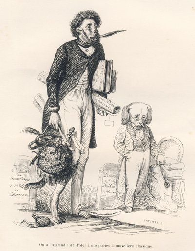 Bylo velkou chybou vzít našim básníkům klasický náhubek. Ilustrované viněty od JJ Granvillea. Rytina signovaná Breviere v části nazvané "Le premier feuilleton de Pistolet", kterou napsal Jules Janin v "Scenes de la vie privee et publique des an od Grandville