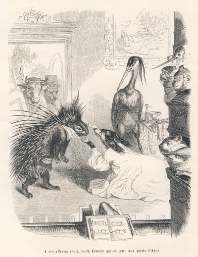 Opera s dikobrazem, psem a volavkou na jevišti. Viněty ilustroval JJ Granville. Rytina podepsaná Godardem v části nazvané "Le premier feuilleton de Pistolet", kterou napsal Jules Janin v knize "Scenes de la vie privee et publique des animaux". od Grandville
