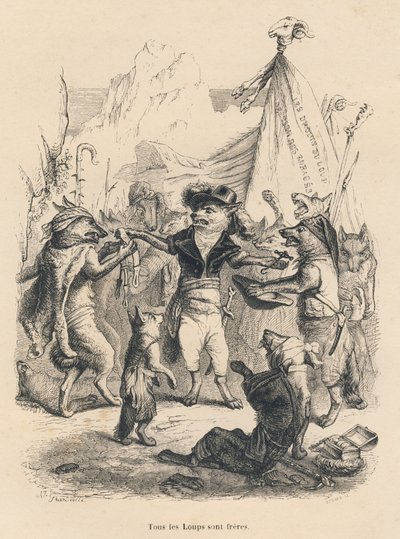 Revoluce vlků a svoboda a právo vlka. Viněty ilustroval JJ Granville. Rytina podepsána Godardem v části nazvané „Voyage d