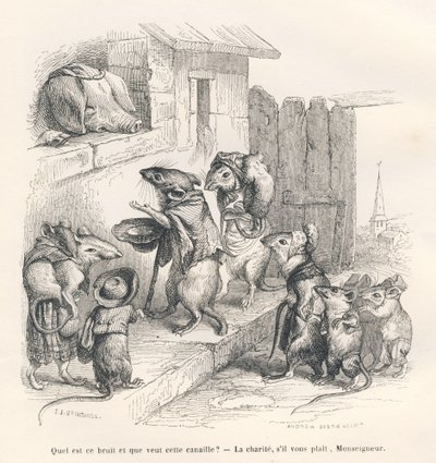 Myš dává milodary prasátku. Viněty ilustroval JJ Granville. Rytina podepsaná Andrew, Best a Leloir v části nazvané "Le rat philosophe", kterou napsal Edouard Lemoine v knize "Scenes de la vie privee et publique des animaux". Paris, J. Hetz od Grandville
