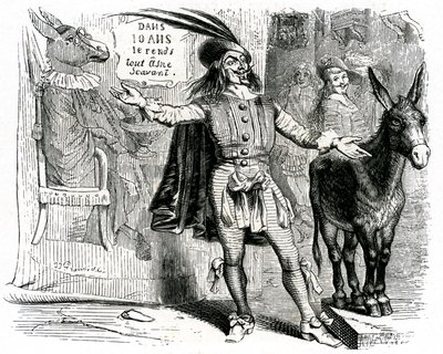 Der Scharlatan: La Fontaine Fabel illustriert von Grandville. Edition Garnier 1860. Dieser Skipper macht es schwer, jeden Esel zum Wissenschaftler zu machen. von Grandville (1803-47)