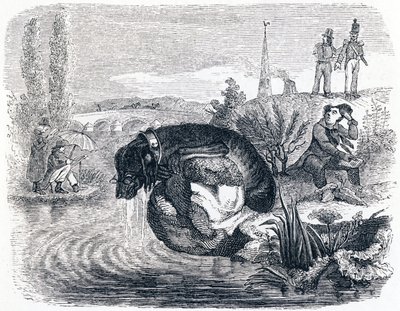 Pes, který se vzdává své kořisti pro stín - Fables od La Fontaine od Grandville
