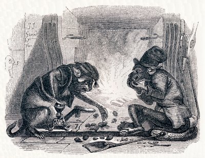 Osel a kočka (Le singe et le chat) - Bajky od La Fontaine od Grandville